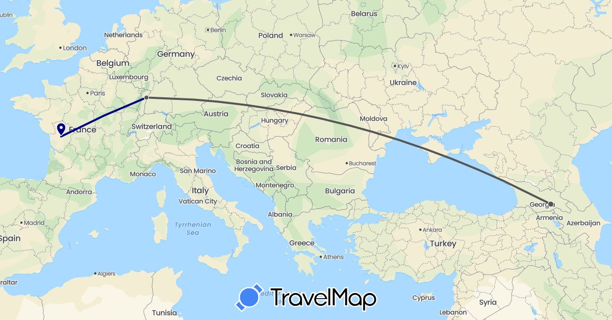 TravelMap itinerary: driving, motorbike in France, Georgia (Asia, Europe)